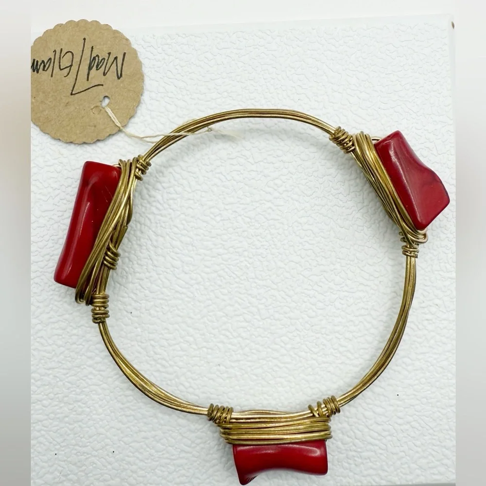 Boho Wire Wrapped Bangle Bracelet | Red Stone Artisan Style